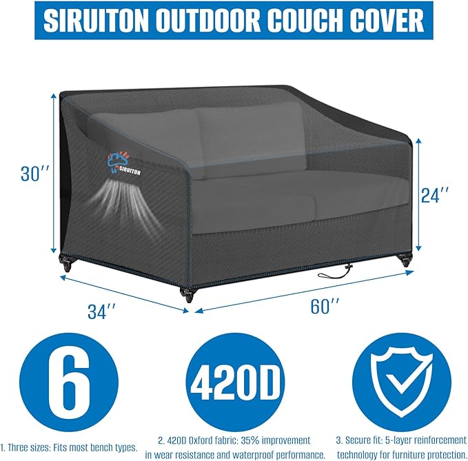 SIRUITON 2-Seat Garden Patio Sofa/Loveseat/Bench Cover 60" W x 34" D x 30" H, Heavy Duty 420D Oxford Waterproof Outdoor Sofa Cover, Lawn Patio Furniture Covers