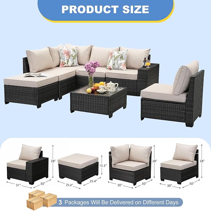 7 Pieces Outdoor Patio Furniture Set, Wicker Conversation Sets with Tea Table, Rattan Patio Sofa with Thick Cushions for Garden, Backyard Porch, Poolside,Beige