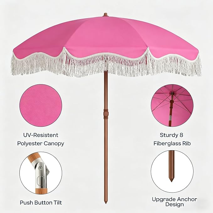 7FT Patio Umbrella with Fringe, Outdoor Tassel Umbrella with Fiberglass Ribs, Boho Beach Umbrella, Push Button Tilt and Carrying Bag, UPF50+