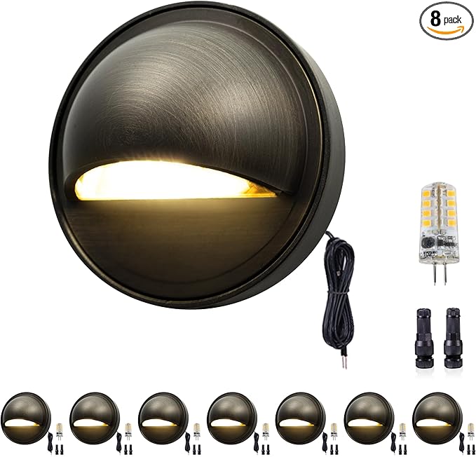 Gardenreet Low Voltage Deck Lights - Landscape Solid Brass Step Lights Outdoor, 12V LED Hardwired Waterproof, Round Bronze Lighting for Fence Wall Stair with 3W Daylight White G4 Bulb 8 Pack