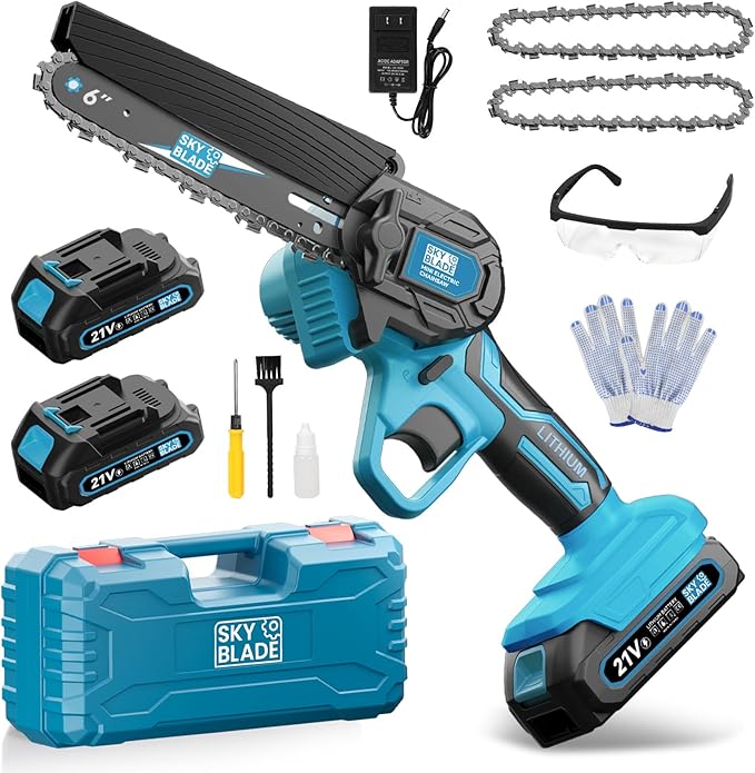 6 Inch Mini Chainsaw Cordless, Portable Electric Chainsaw, for Wood Cutting, Tree Trimming, Courtyard, Household, and Garden Blue