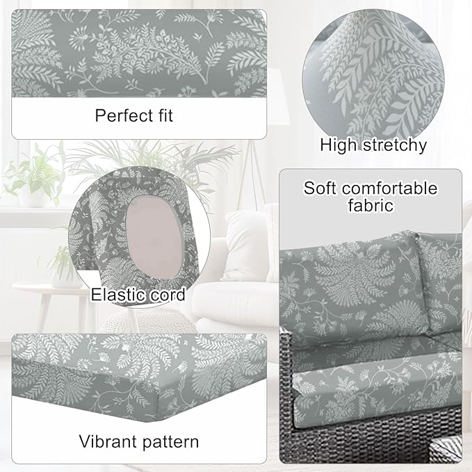 CALBODE Ourdoor Cushion Covers Waterproof Set of 8 Floral Printed Stretch Patio Chair Cushino Covers for Patio Furniture Replacement,Washable Couch Covers for Furniture(Grey)