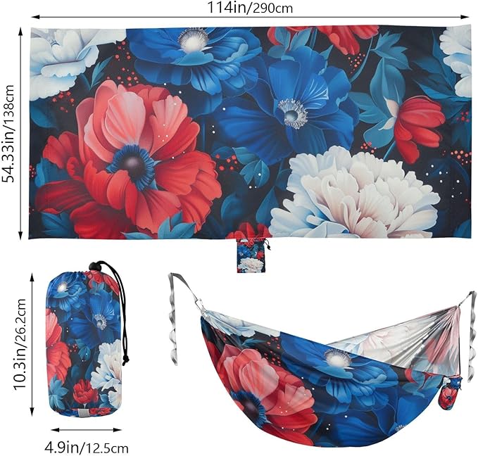 4th of July Independence Day Red and Blue Flowers 330lb Capacity Outdoor Hammock with Hanging Ropree Hammock for Camping Travel Accessories hamaca para Patio Exterior