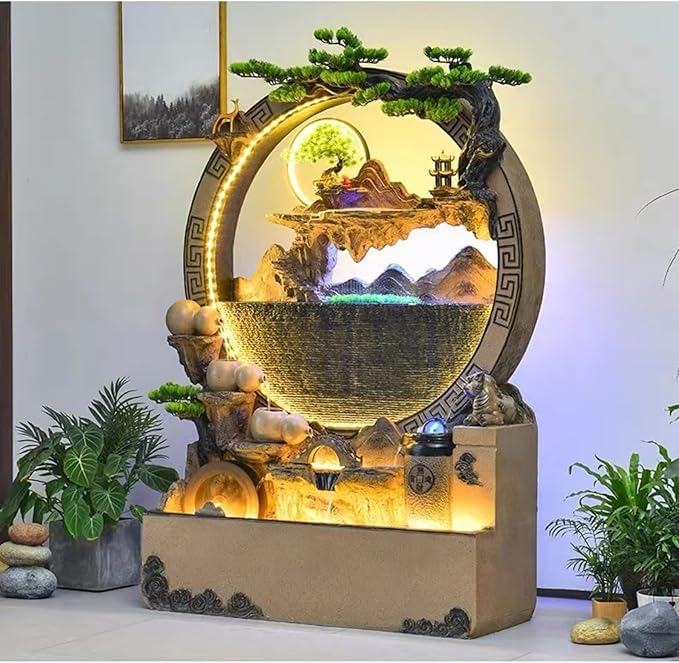 Magnificent 5.8ft Cement Standing Fountain with Lighting Zen Garden Design | Indoor and Outdoor use | Rain and UV Protection (Small Black)(Large Retro Color)