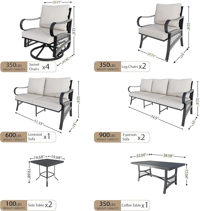 12 Pieces Patio Furniture Set, Metal Outdoor Conversation Sets with Swivel Chairs, Modern Couch Sofa Seating Group with Coffee Table and Side Table (Thick Beige Cushions)