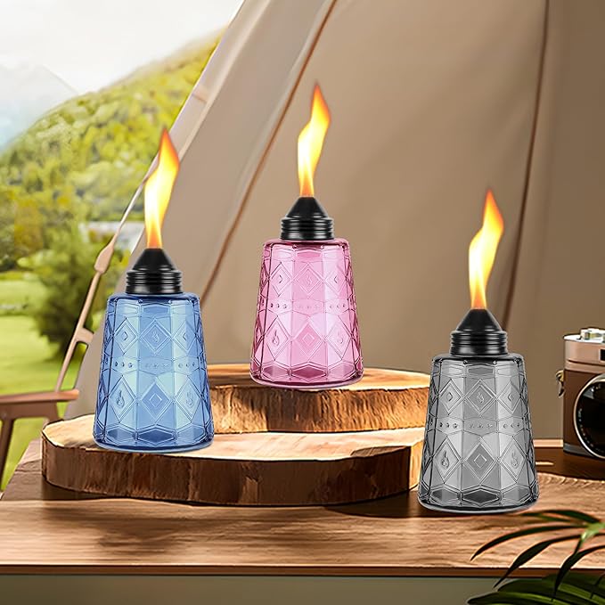 4-Pack Glass Table Top Torches - 12oz Refillable Citronella Torches Canisters for Outdoor, Includes Wick & Cap, Decorative Lanterns for Patio, Garden, Yard, Party, Landscape(Multi-Color)