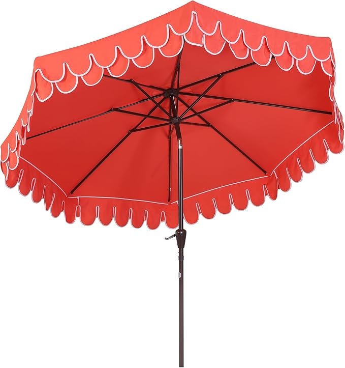 JONATHAN Y Tracy 9 ft. Outdoor Patio Umbrella with Scalloped Edge, Coastal Market Table Umbrella with Crank Lift and Tilt, 8 Sturdy Ribs UV Resistant for Pool, Coral Red, Dark Brown Pole UMB1002A