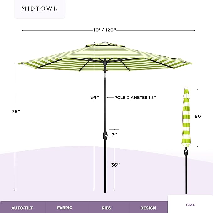 Midtown Umbrellas - 10-Year-No-Fade 10 Ft Patio Umbrella with Terylast Fabric, Auto-Tilt Aluminum Frame and 8 Reinforced Ribs for Deck, Pool, Garden & Beach - Green/White Stripes Canopy, Black Pole