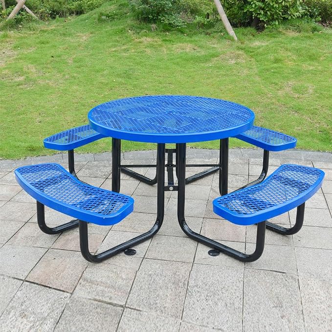 46" Round Metal Picnic Table for 4-8 Person, Durable Heavy Duty Commercial Picnic Table with Umbrella Hole for Outdoor Coffee Shop, School, Hospital, Easy to Install, Blue