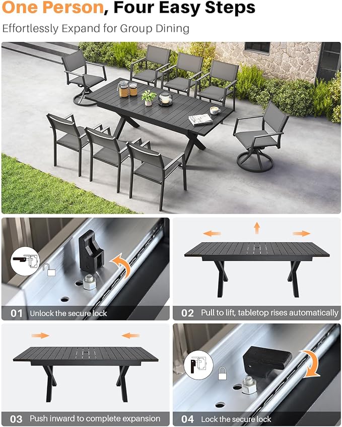 Expandable Outdoor Dining Table for 8, Never-Rust Aluminum Patio Dining Table, 63''-83'' X-Shaped Extendable Dining Table with Umbrella Hole for Garden Deck Indoor or Outdoor Meals, Black