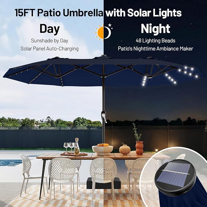 AreShark 15FT Patio Umbrella with Solar Lights, Double Sided Outdoor Table Umbrellas with Crank, Large Rectangular Market Umbrella for Porch, Lawn, Pool, Backyard, Navy