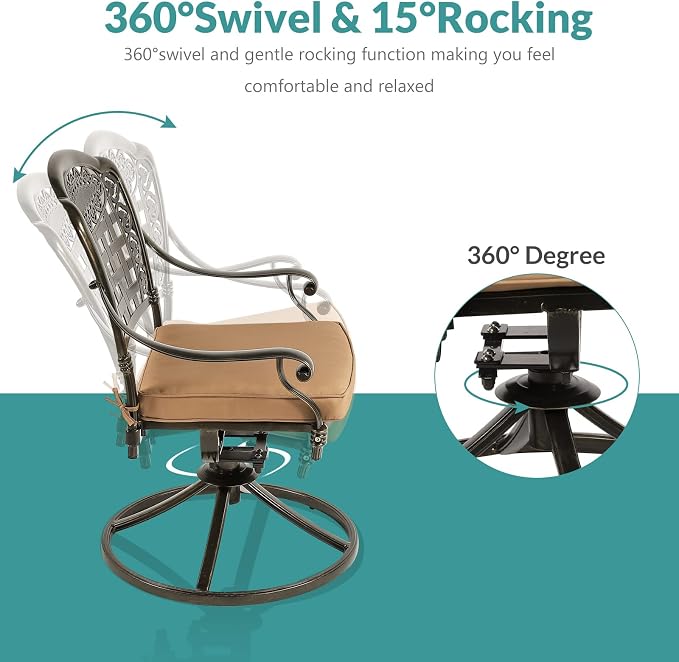 MEETWARM 5-Piece Outdoor Patio Dining Set, All-Weather Cast Aluminum Patio Conversation Set with 4 Cushions Swivel Rocker Chairs for Backyard Garden Deck and 35.4" Round Table, 2.2" Umbrella Hole