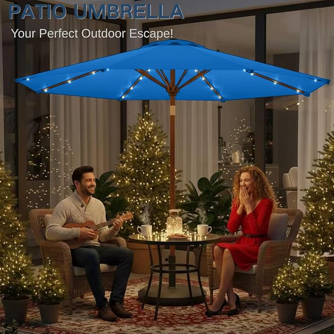 9' Solar LED Patio Umbrella with Tilt & Crank|8 Sturdy Ribs,UV Protection,Outdoor Market Table Umbrella for Deck,Lawn,Pool,Backyard(Royal blue)