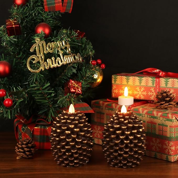 LED Flameless Pinecone Candles with 6H Timer, Battery Operated Waxy Pillar Candles, 2 Pack Christmas Candles Flickering Acorn Decor Woodsy Home Décor Christmas Gifts(Brown, 3.5 x 4.7 Inch)