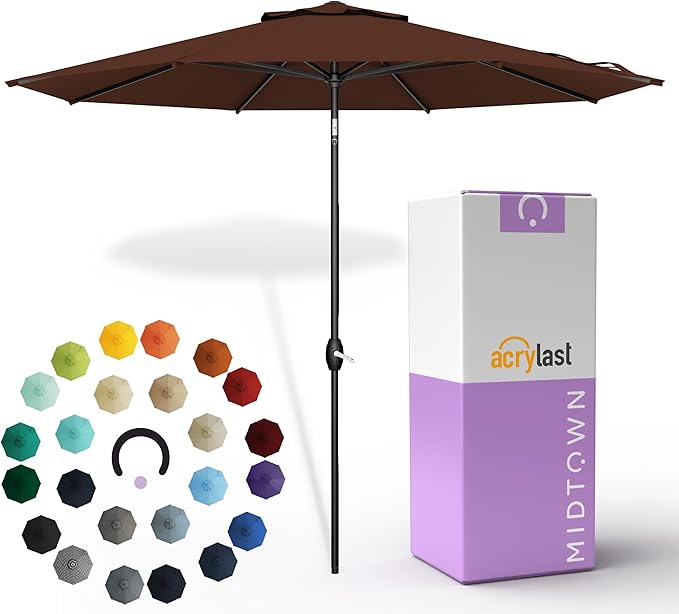 Midtown Umbrellas – The Lean 8 Ft Patio Umbrella with 10-Year-No-Fade Acrylast Acrylic Fabric, Auto-Tilt and 8 Reinforced Ribs for Deck, Pool, Garden, Hotel & Cafes – Cedar Wood Canopy, Black Pole