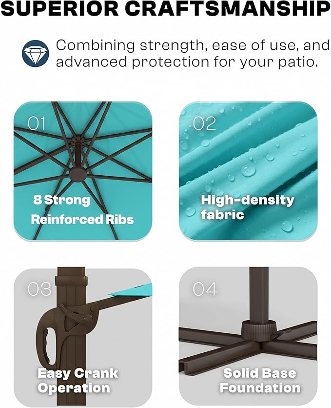 9x9 FT Square Cantilever Umbrella,Easy Tilt, Fade Resistant & 360° Rotation, Offset for Pool Deck Backyard Patiopeacock blue (Base not Included)