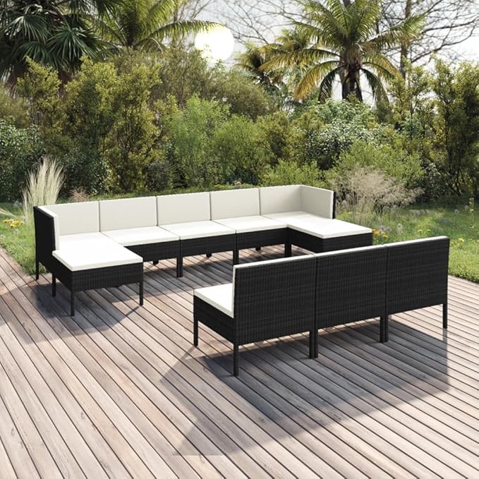 10 Piece Patio Lounge Set with Cushions,Patio Sofa,Outdoor Daybed,Patio Seating,Outdoor Furniture Sets,Patio Conversation Sets,Modern Set,Outdoor Patio Chairs,Patio Furniture Set, Poly Rattan Black