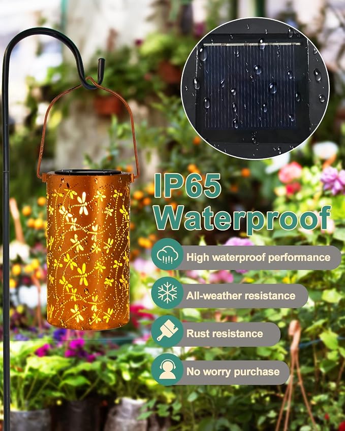 DIBIEECN Birthday Gifts for Women Mom Grandma Wife, Solar Lanterns Outdoor Waterproof, Metal Hanging Lights Garden Decor, LED Decorative Lantern for Patio Porch Backyard,Dragonfly, 1 Pack