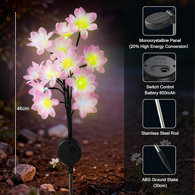 Solar Path Lights Outdoor 4 Pack, LED Camellia Flower Decor, Waterproof Auto On/Off, Bigger Solar Panel for Yard, Patio, Garden Walkway Decoration Gift for Mom (Pink)