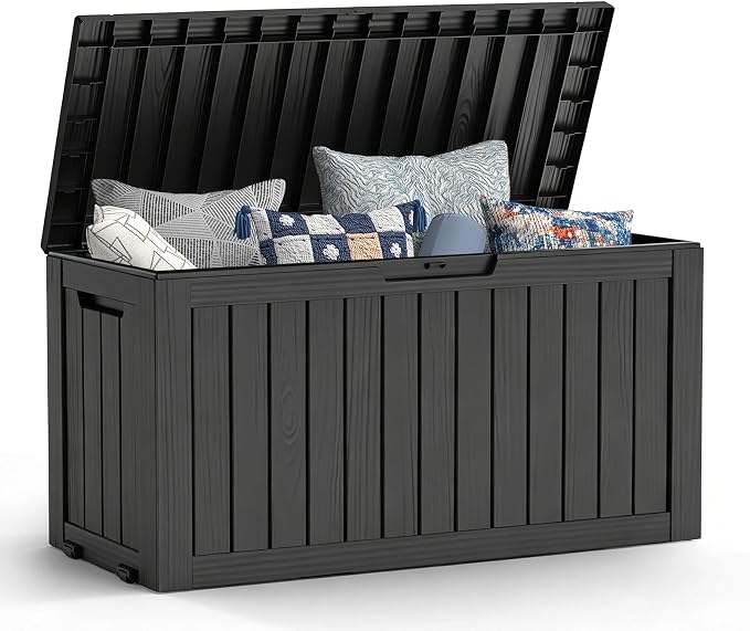 Mars Villa 72 Gallon Deck Box, Waterproof Weatherproof and UV Resistant Resin Storage Bin with Lockable Lid, Ideal for Outdoor Patio Furniture Cushions, Pool Supplies, Garden Tools, Black