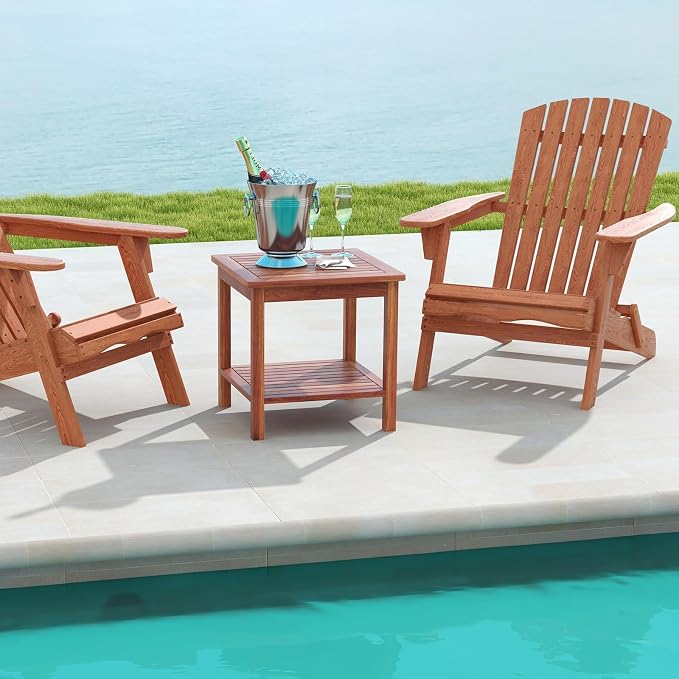 HAPPYGRILL Adirondack Outdoor Side Table Patio 2-Tier Square End Table, Acacia Wood Coffee Table for Porch, Poolside, Backyard, Garden, Balcony, Living Room