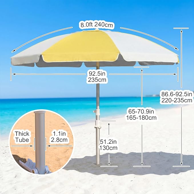 8FT Beach Umbrellas for Sand,Portable Outdoor Windproof Sun Umbrella with Push Button Tilt and Air Vent,UPF 50+ PU Coating for Patio Garden Pool Backyard
