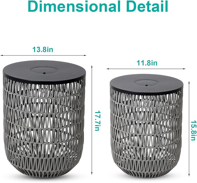 HMVPL Solar Patio Side Table Set of 2 with Dimmable Light, Round Outdoor Side Table for Patio, Outdoor End Accent Tables, Plastic Rattan Outside End Table for Poolside Backyard Gazebo, Dusk to Dawn
