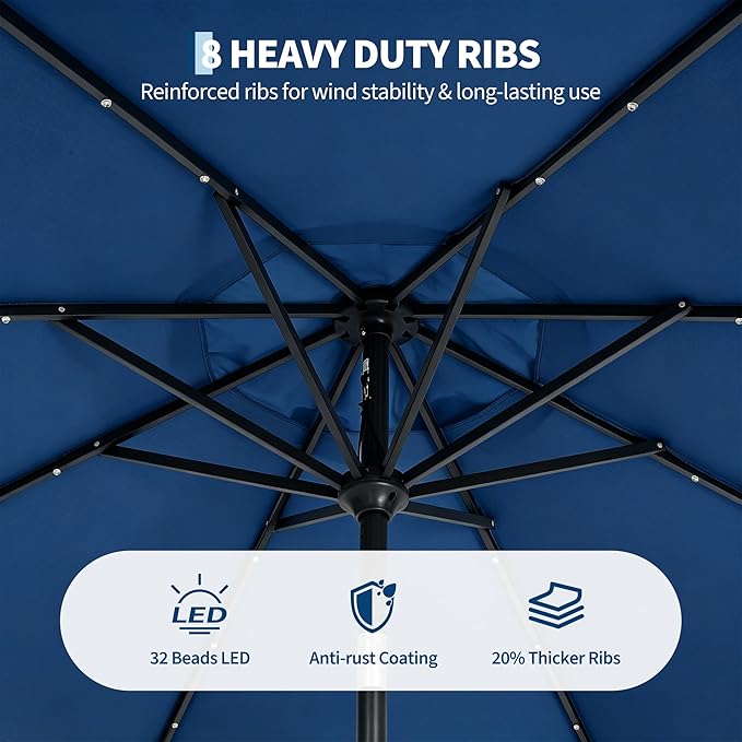 Garvee 10FT Patio Umbrella with 32 Solar LED Lights, Outdoor Table Market Umbrella with Tilt and Crank, 8 Sturdy Iron Ribs Sun Shade for Garden, Deck, Backyard and Pool, Navy Blue