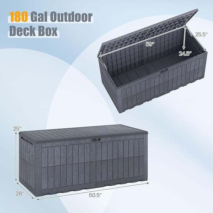 HAPPYGRILL 180 Gal Outdoor Deck Box, Lockable Storage Bin with Lid and Handles, Waterproof and Sun-Protective Patio Bench and Storage Box for Garden Tools Pool Supplies (Gray, 180Gallon)