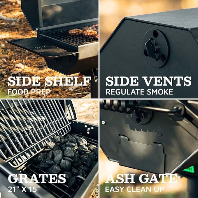 Ash & Ember Park-Style Grill & Smoker, 390 Sq. In Charcoal Grill with Cover, Side Shelf for BBQ Cooking Prep & Accessories, Single Post Barbeque Grill, Outdoor Grills & Smokers