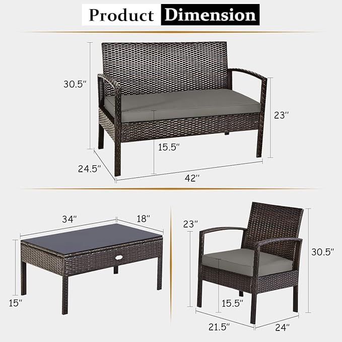 Tangkula 8-PCS Wicker Patio Conversation Furniture Set, Outdoor Rattan Chair and Table Set, Patio Furniture Sets with Coffee Table & Washable Cushions for Courtyard Balcony Garden (2, Brown)
