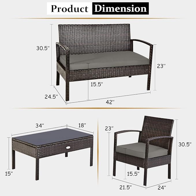 Outdoor Conversation Set 8 Pieces Patio Furniture, Wicker Patio Chair Sofa Set with Water-Resistant Dark-Brown Cushion & Tempered Glass Table for Backyard, Balcony, Porch(Brown)
