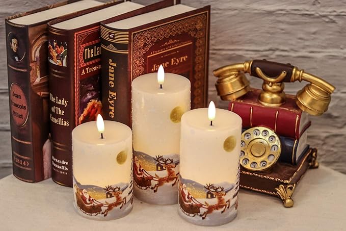 GenSwin Christmas Santa Clause Battery Operated Candles Flameless Flickering with Remote Timer, 3D Wick Real Wax Led Pillar Candles Warm Light, Christmas Snowman Santa Clause and Deer Gift(Pack of 3)