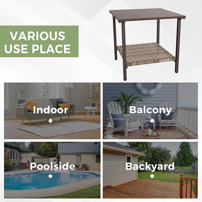 EAGLE PEAK Coastal Vista Outdoor Table with Wicker Shelf for Garden, Patio, Poolside and Porch, Square, Wood Grain Top