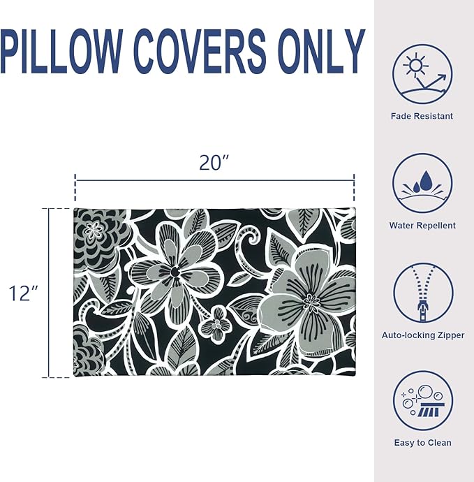 Pack of 2 Outdoor Lumbar Pillow Covers, All Weather Cushion Pillow Cases 12x20 Inch, Pillowcase for Patio Couch Decoration, Flower Black