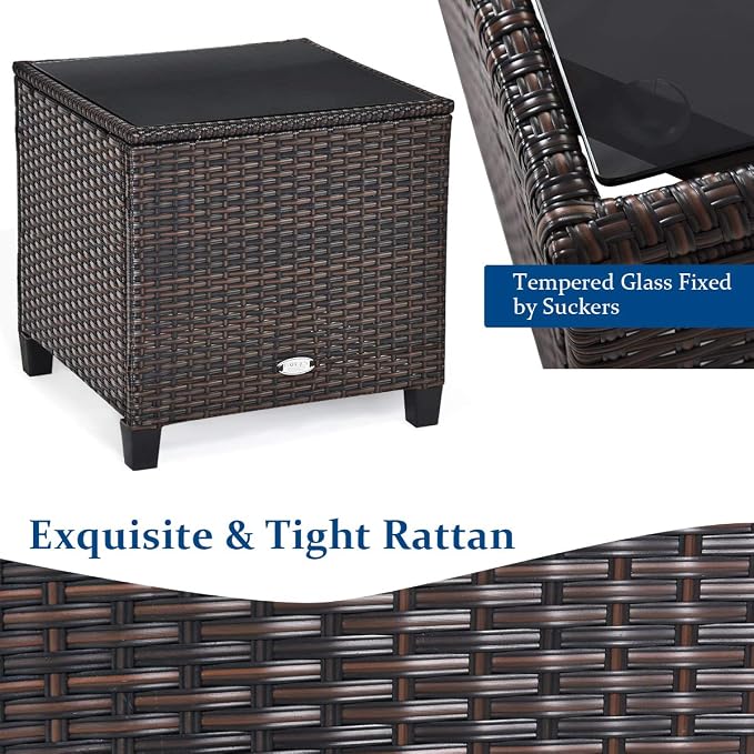RELAX4LIFE 3 Piece Patio Furniture Set, Wicker Bistro Conversation Set w/ 2 Cushioned Armchairs & Glass Topped Table, Outdoor Rattan Sofa Set Patio Furniture for Porch Balcony Poolside (Navy Blue)