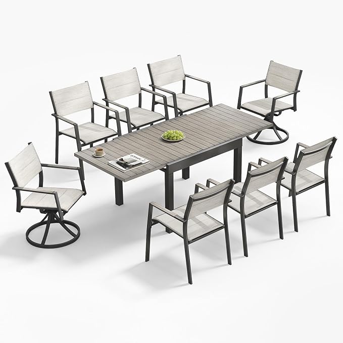 9 Pieces Expandable Outdoor Dining Set, Aluminum Patio Dining Set with 2 Swivel Chairs, Extendable Dining Table and 6 Double-Layer Textilene Stacking Dining Chairs for Deck, Lawn, Limed Oak