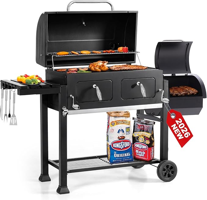 30 Inch Barrel Charcoal Grill and Offset Smoker, 1015 sq. in. Cooking Area Outdoor BBQ Grill, Perfect for Outdoor Cooking Barbecue Patio Garden Backyard Party