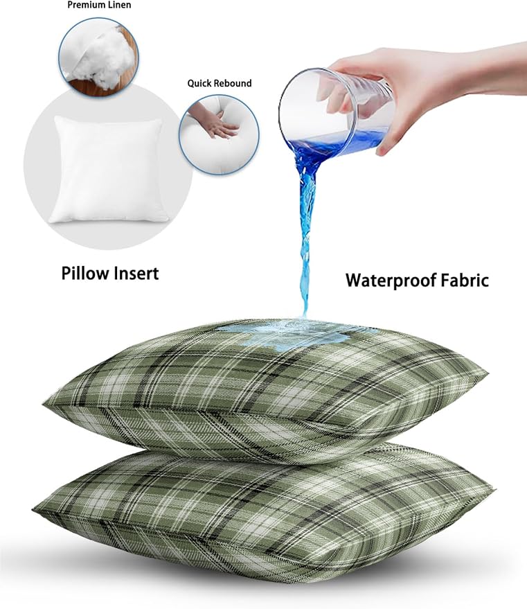 Waterproof Outdoor Pillow Set of 2 Green Checked Plaid Decorative Throw Pillows Cover & Insert 20x12 Inch Lumbar Pillowcase Stripes Woven Grid Pillows for Couch Sofa Bed Patio Furniture Indoor Outdoor