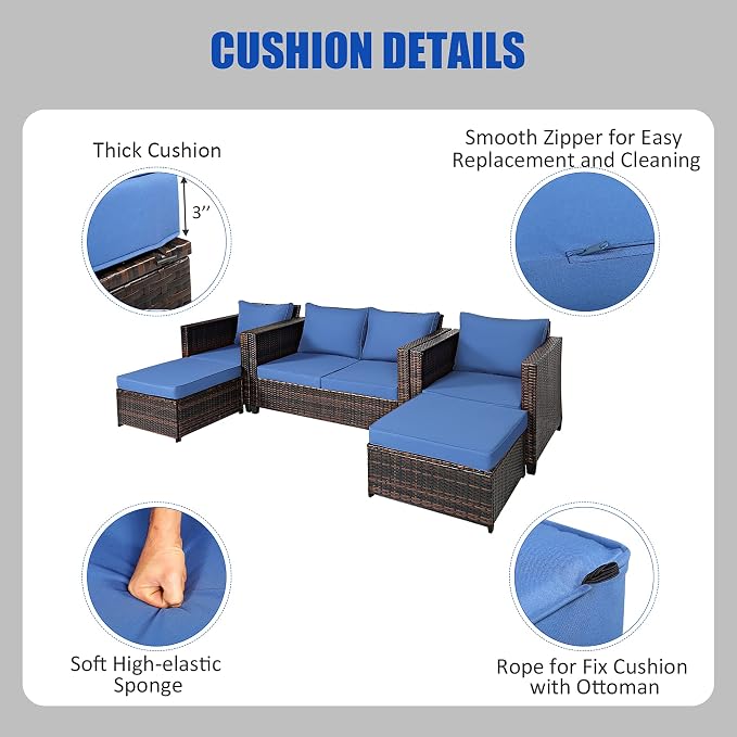 DORTALA 5-Piece Outdoor Patio Conversation Set, Loveseat and 2 Ottoman, Outdoor Sectional Rattan Sofa Set, Multifunctional Rattan Furniture Set Suitable for Home Backyard Garden Poolside Balcony, Navy