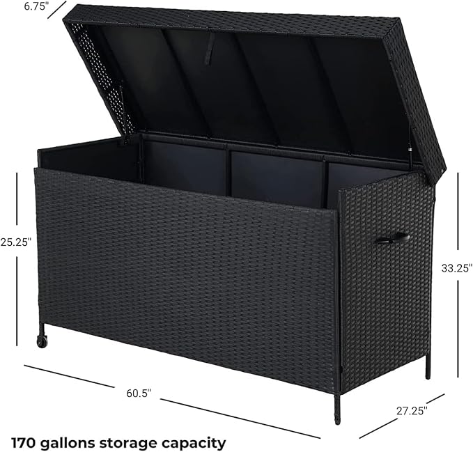 Grand patio 170 Gallon Deck Storage Box Deck Box Outdoor Storage Box Indoor Wicker Storage Bin Patio Storage Box for Patio Furniture Cushions Garden Tools Pool Accessories, Black