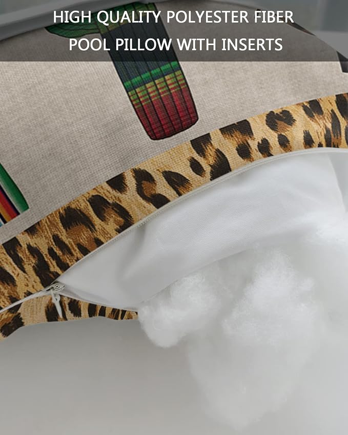 Outdoor Pillows Covers with Inserts Mexico Cactus Leopard Print Background Waterproof Recliner Pillow with Adjustable Strap Throw Pillows for Patio Furniture Pool Lounge Chair, 11x16 inch, 1PCS