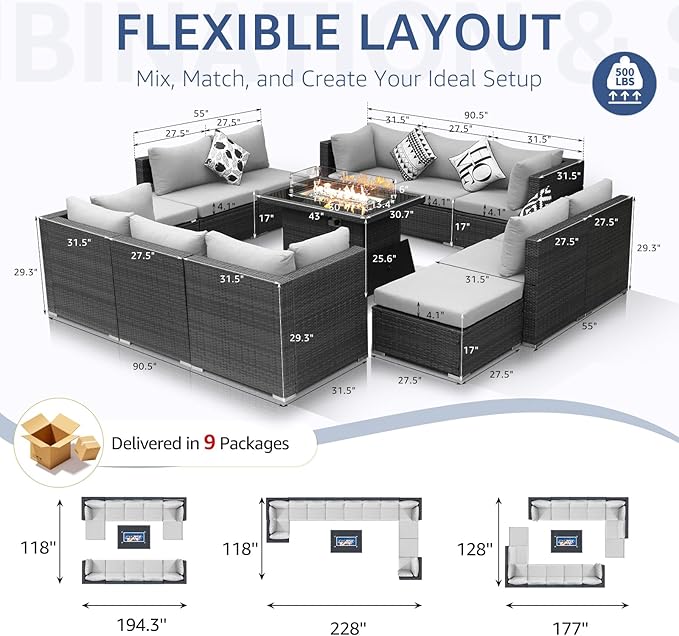 NICESOUL 13 Piece Patio Furniture w/Fireplace, Elegant Outdoor Seating w/Firepit, XL Size 29.3'' High Back Sectional Sofa, All-Weather Rattan Deck Couch, Modular Sturdy Conversation Set, Light Gray