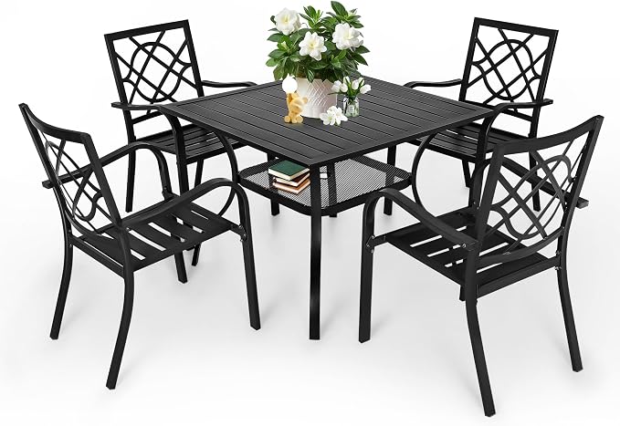 Incbruce 5 Piece Outdoor Dining Set, Wrought Iron Patio Dining Set with 4 Chairs and 1 Square Table (1.57" Umbrella Hole) for Garden, Backyard