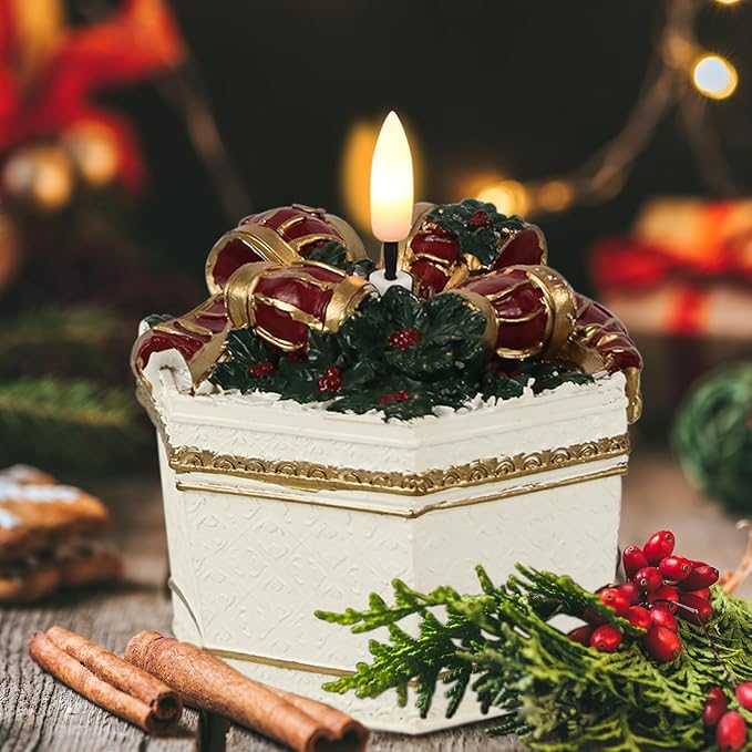 DRomance Christmas Flameless Candle Battery Operated with 6 Hour Timer Real Wax 3D Wick LED Flickering Pillar Candle Hand-Colored Painted Cake Gift Box Shaped Holiday Dinner Decor 3.5" D x 4.5" H