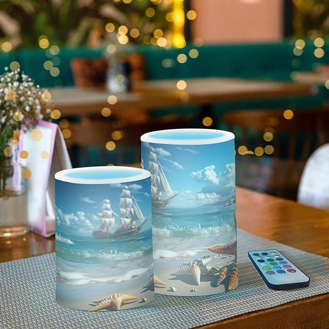 Starfish Pattern on Seaside Beach Flameless Candles Color Changing LED Candles with Remote Control Battery Candles for Outdoor and Indoor Home and Room Decoration, 3'' x 4''/5'' Set of 2 Pieces