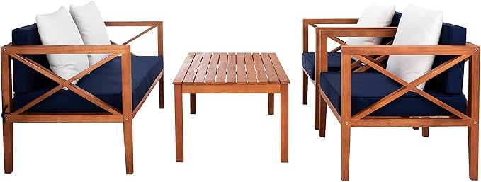 Safavieh PAT7031A Collection Nunzio Teak and White and Navy 4 Pc Accent Pillows Outdoor Set