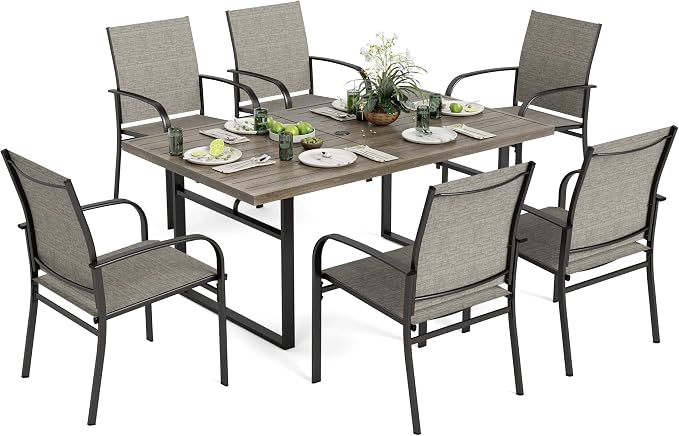 MIXPATIO 7-Piece Outdoor Dining Set 6 Brown Textilene Chairs and Steel Tabletop with Wood Grain Rectangle Table for Deck Garden Backyard Lawn Poolside