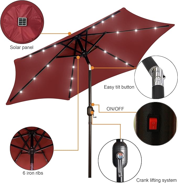 Blissun 7.5 ft Solar Umbrella, 18 LED Lighted Patio Umbrella, Table Market Umbrella