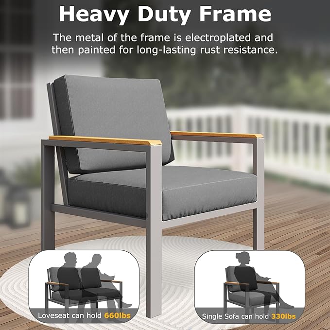 4-Piece Outdoor Patio Furniture Set, Metal Conversation Sofa Set with Deep Cushions & Wood-Like Armrests, Modern Patio Seating with Coffee Table for Garden, Porch, Balcony, Backyard (Black)